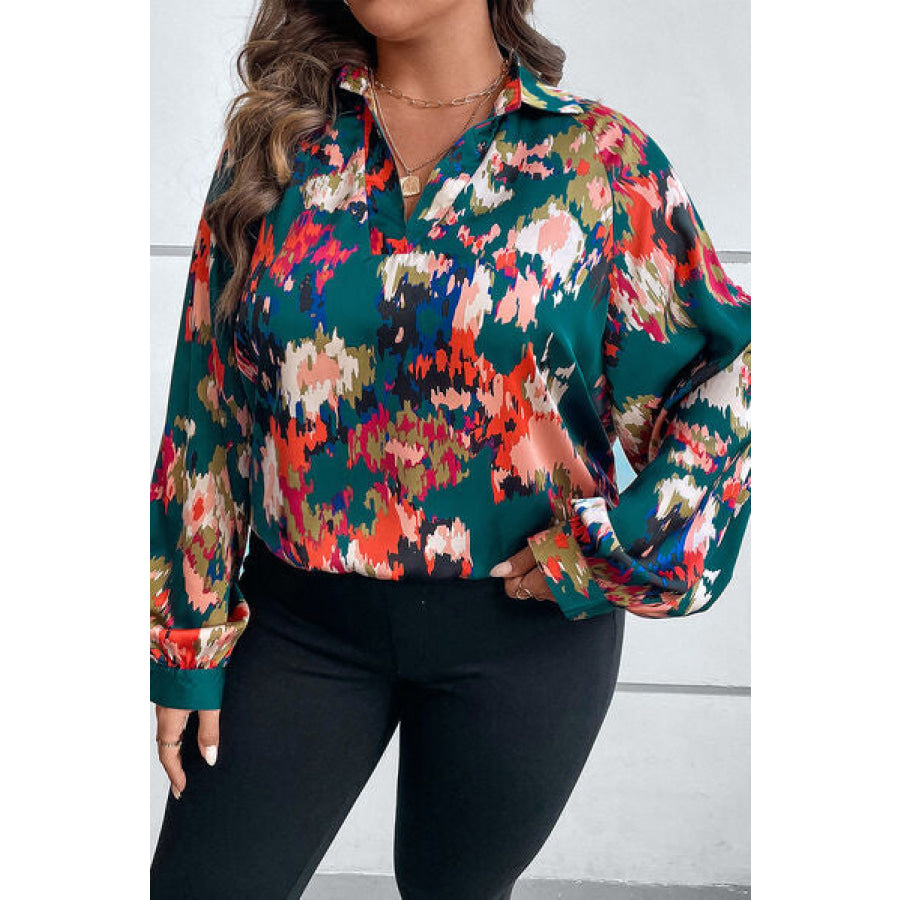 Plus Size Printed Johnny Collar Long Sleeve Blouse Apparel and Accessories