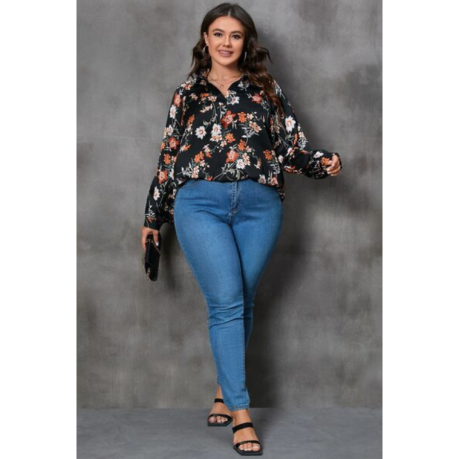 Plus Size Printed Johnny Collar Long Sleeve Blouse Apparel and Accessories