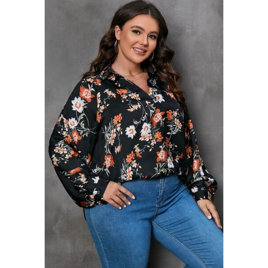 Plus Size Printed Johnny Collar Long Sleeve Blouse Apparel and Accessories