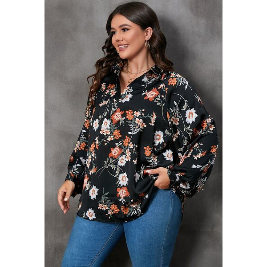 Plus Size Printed Johnny Collar Long Sleeve Blouse Apparel and Accessories