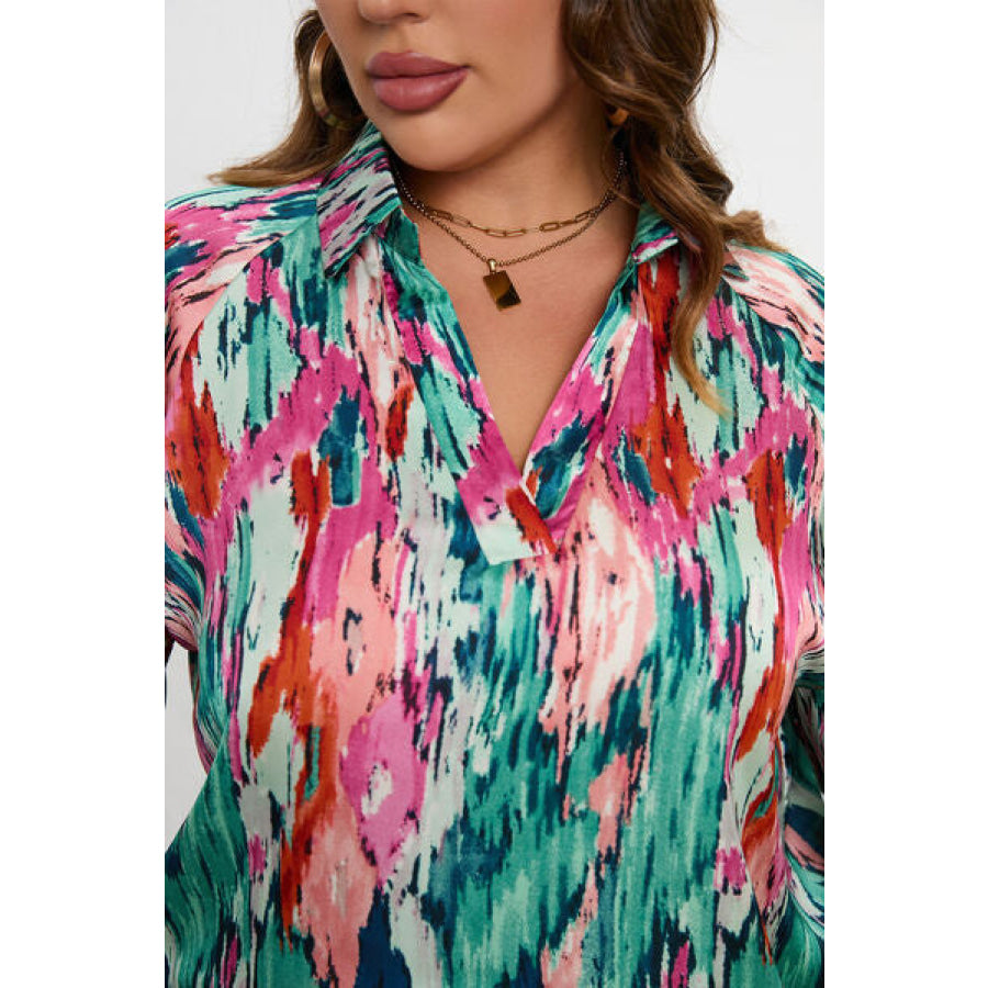 Plus Size Printed Johnny Collar Long Sleeve Blouse Apparel and Accessories