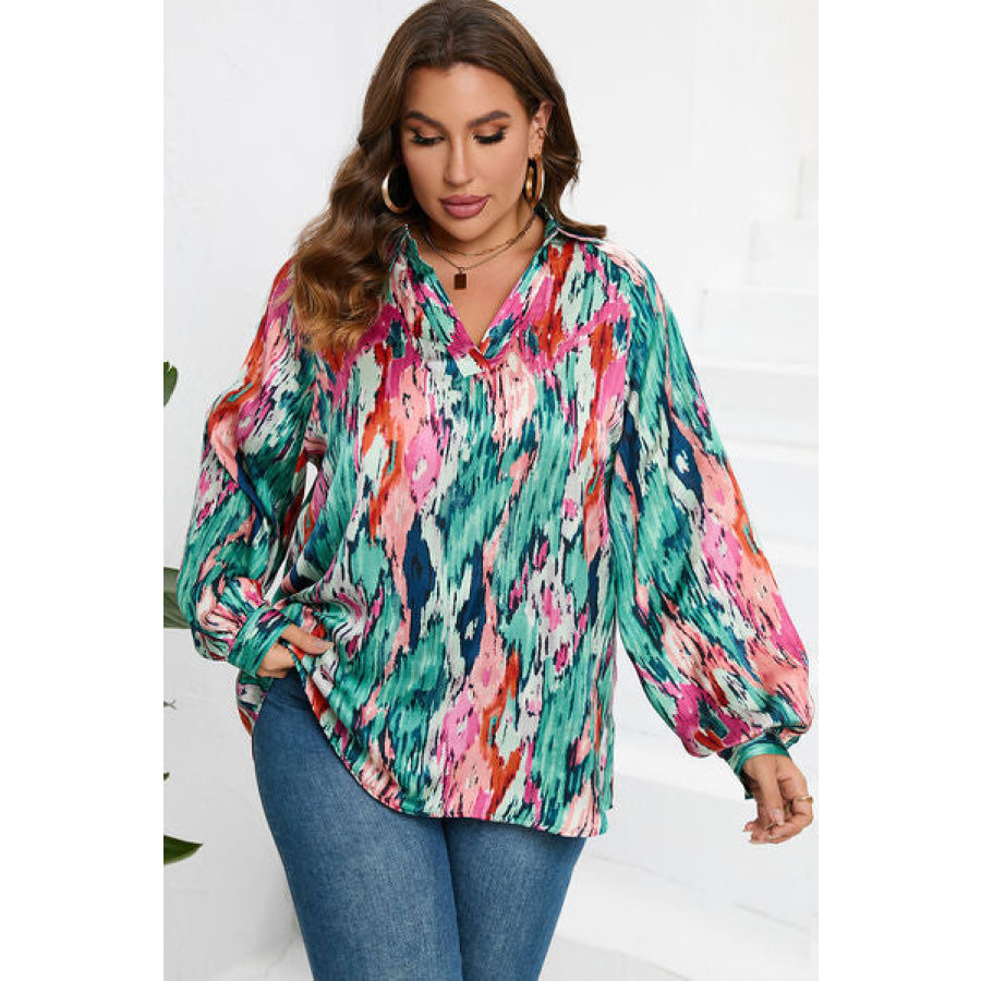 Plus Size Printed Johnny Collar Long Sleeve Blouse Apparel and Accessories