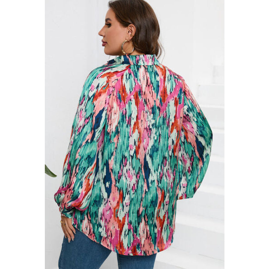 Plus Size Printed Johnny Collar Long Sleeve Blouse Apparel and Accessories