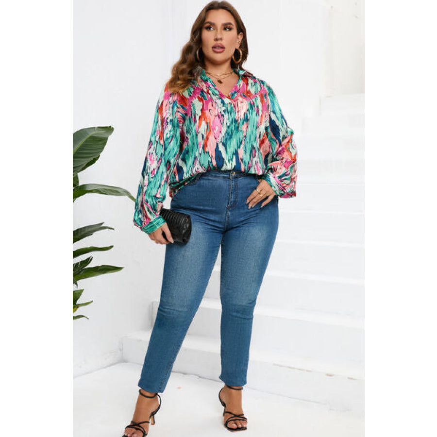 Plus Size Printed Johnny Collar Long Sleeve Blouse Apparel and Accessories