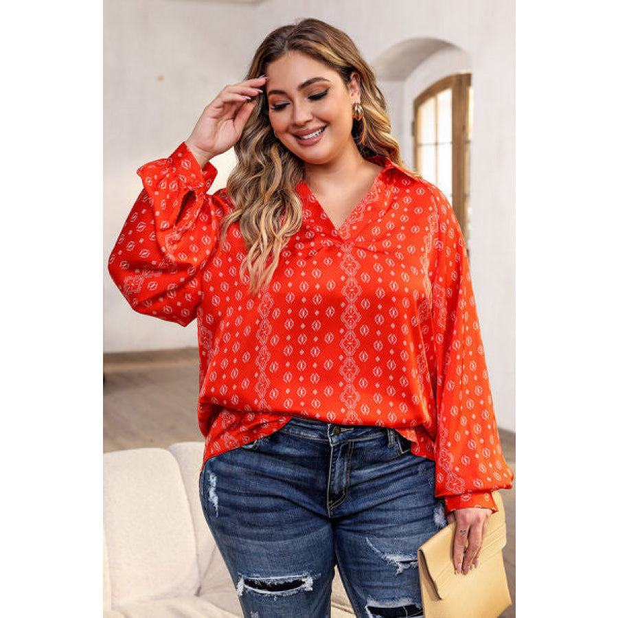 Plus Size Printed Johnny Collar Long Sleeve Blouse Apparel and Accessories