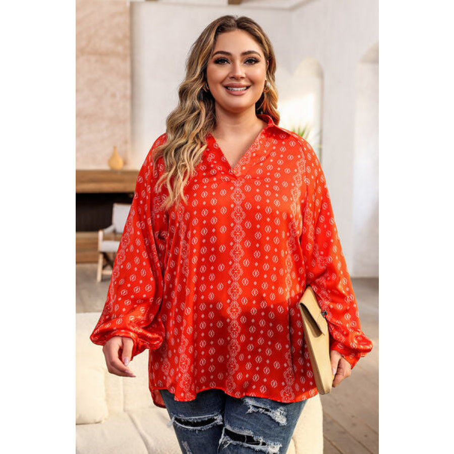 Plus Size Printed Johnny Collar Long Sleeve Blouse Apparel and Accessories