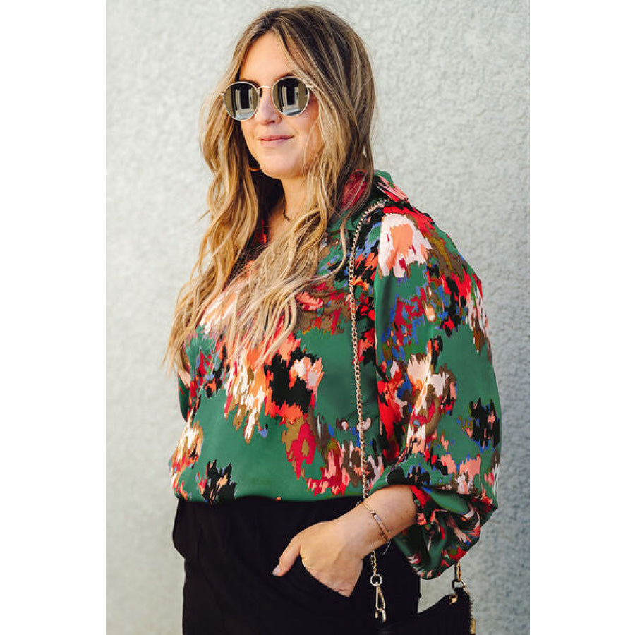 Plus Size Printed Johnny Collar Long Sleeve Blouse Apparel and Accessories