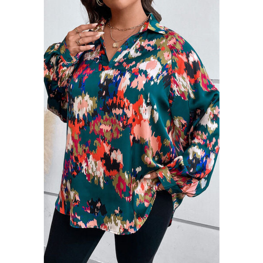 Plus Size Printed Johnny Collar Long Sleeve Blouse Apparel and Accessories