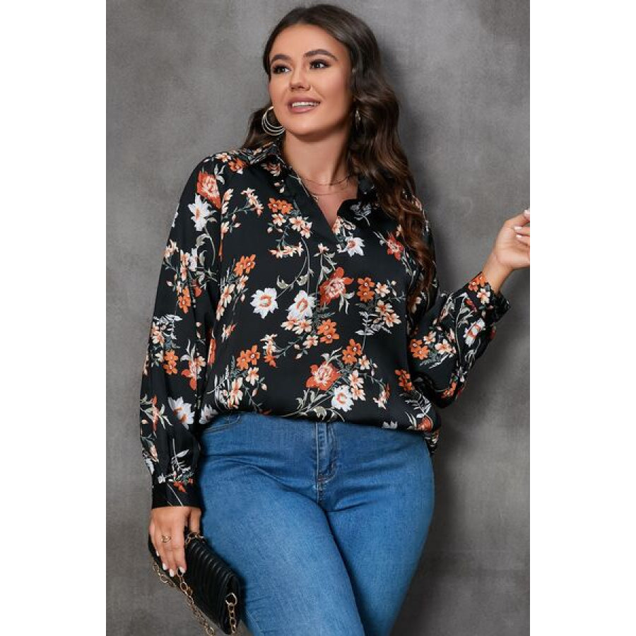 Plus Size Printed Johnny Collar Long Sleeve Blouse Black / 1XL Apparel and Accessories