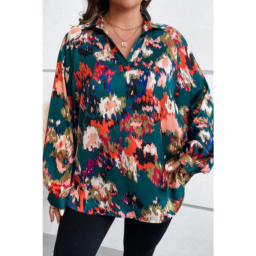 Plus Size Printed Johnny Collar Long Sleeve Blouse Deep Teal / 1XL Apparel and Accessories