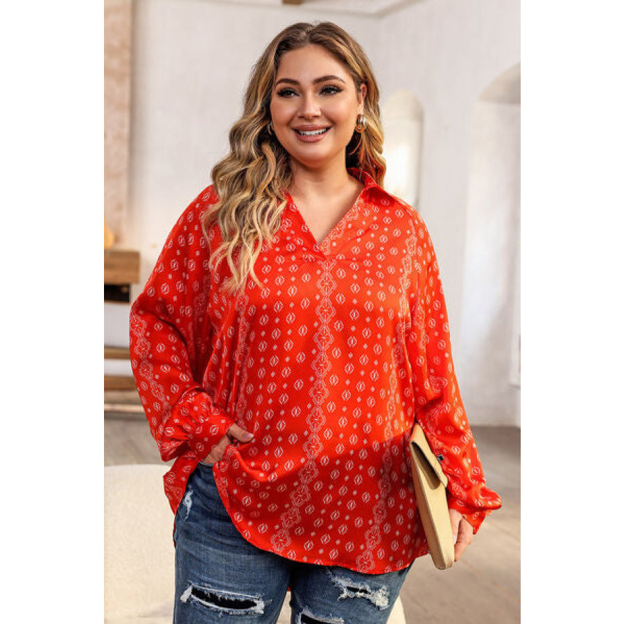 Plus Size Printed Johnny Collar Long Sleeve Blouse Pumpkin / 1XL Apparel and Accessories