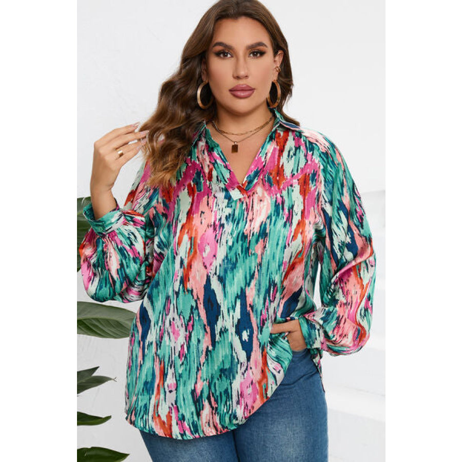 Plus Size Printed Johnny Collar Long Sleeve Blouse Teal / 1XL Apparel and Accessories