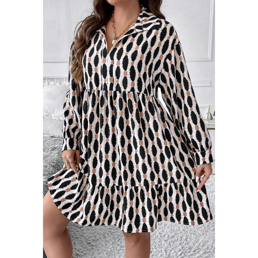 Plus Size Printed Johnny Collar Long Sleeve Dress Apparel and Accessories