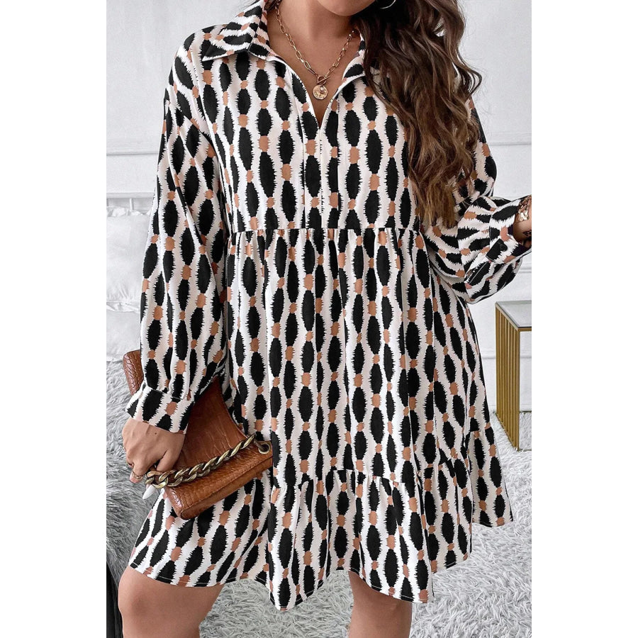 Plus Size Printed Johnny Collar Long Sleeve Dress Black / 1XL Apparel and Accessories