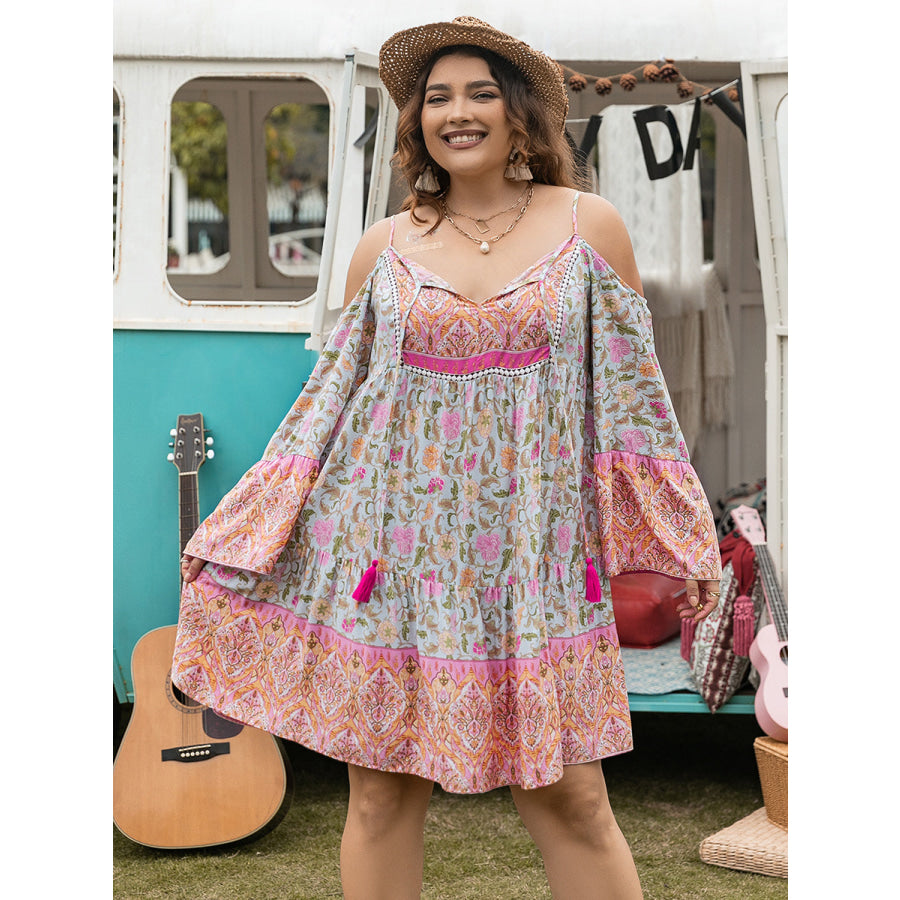 Plus Size Printed Long Sleeve Mini Dress Coral / 0XL Apparel and Accessories
