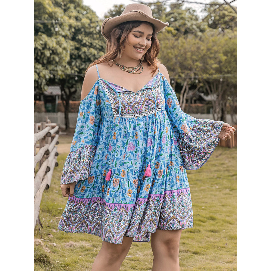 Plus Size Printed Long Sleeve Mini Dress Sky Blue / 0XL Apparel and Accessories