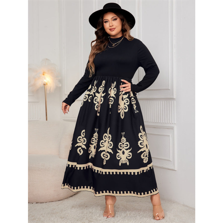 Plus Size Printed Mock Neck Long Sleeve Dress Black / 1XL Apparel and Accessories