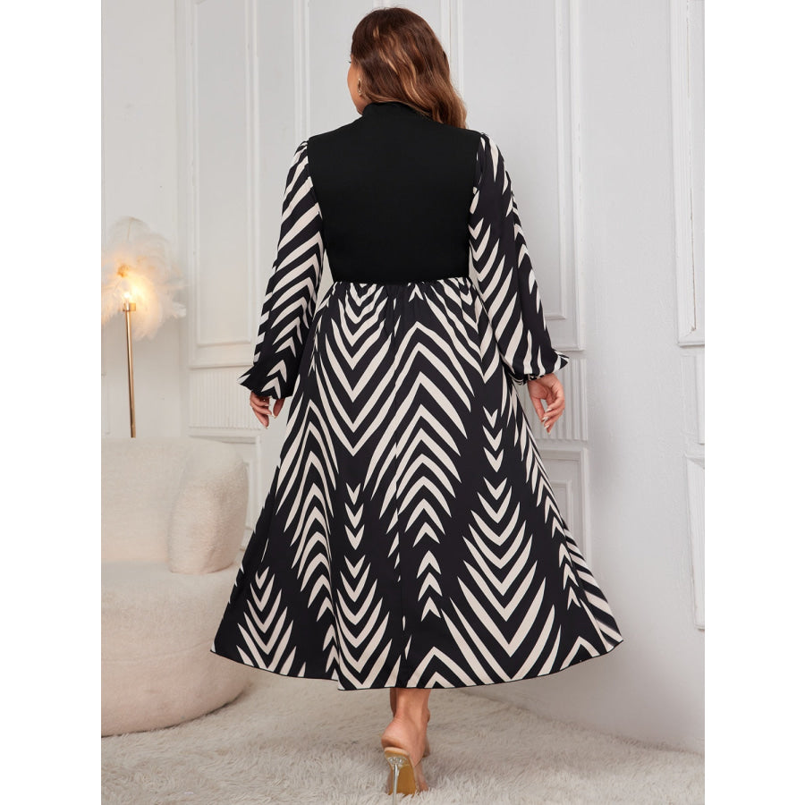 Plus Size Printed Mock Neck Long Sleeve Midi Dress Apparel and Accessories