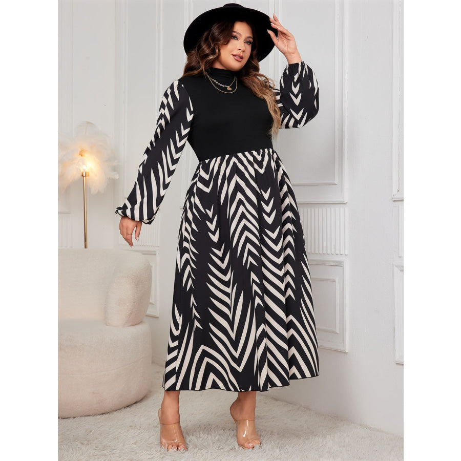 Plus Size Printed Mock Neck Long Sleeve Midi Dress Apparel and Accessories