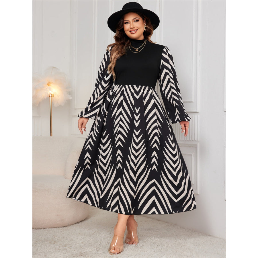 Plus Size Printed Mock Neck Long Sleeve Midi Dress Apparel and Accessories