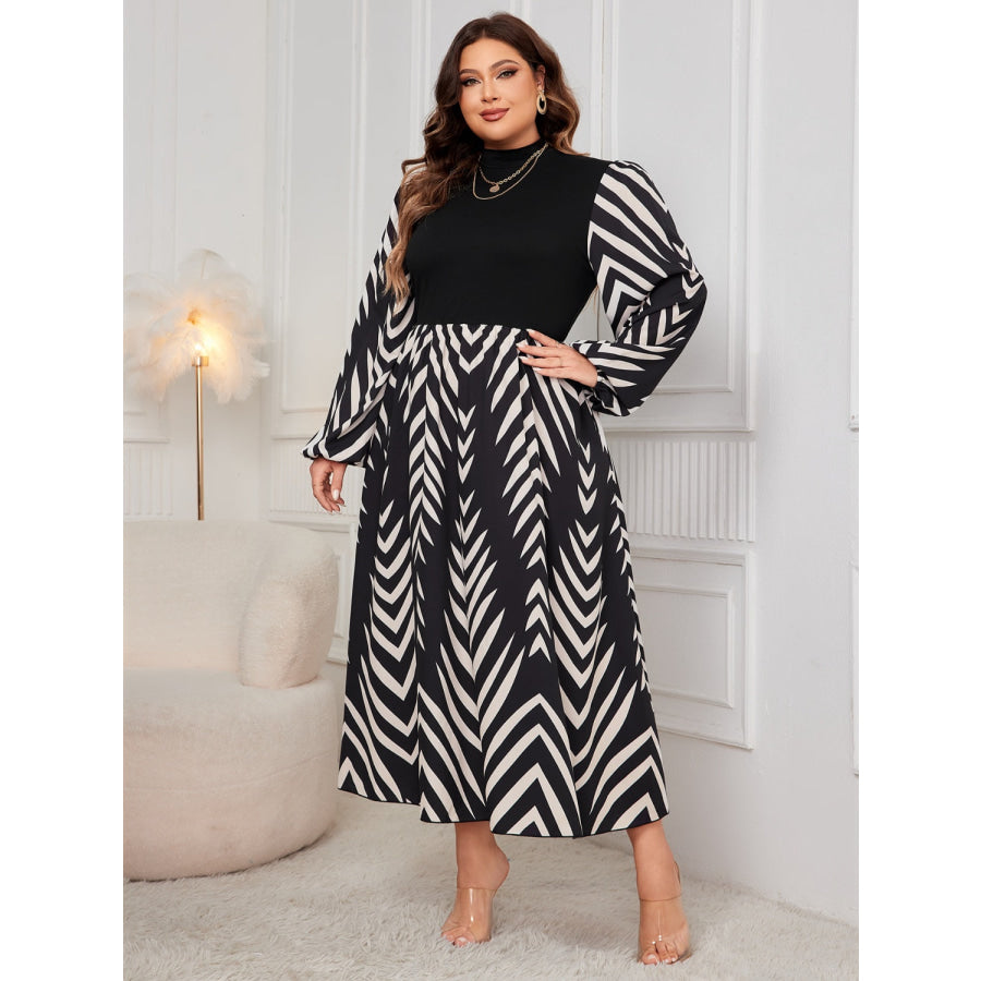 Plus Size Printed Mock Neck Long Sleeve Midi Dress Apparel and Accessories