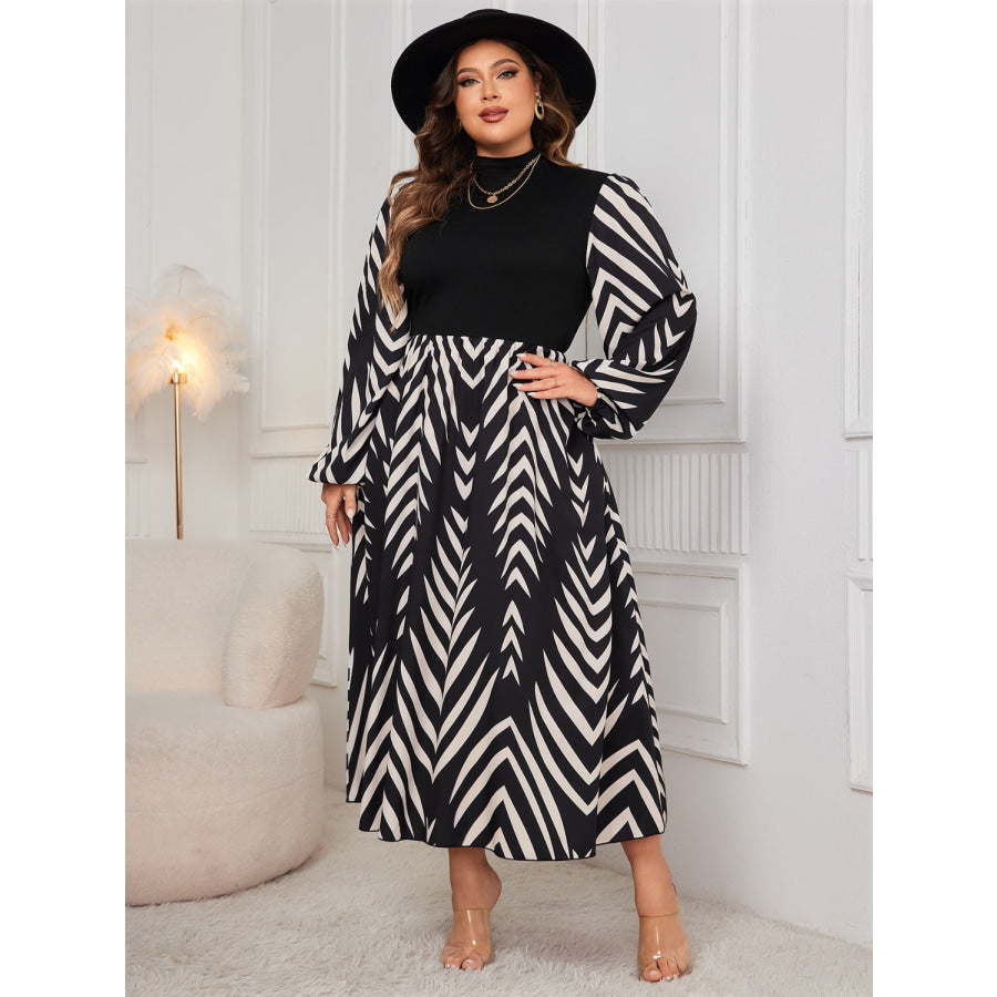 Plus Size Printed Mock Neck Long Sleeve Midi Dress Apparel and Accessories