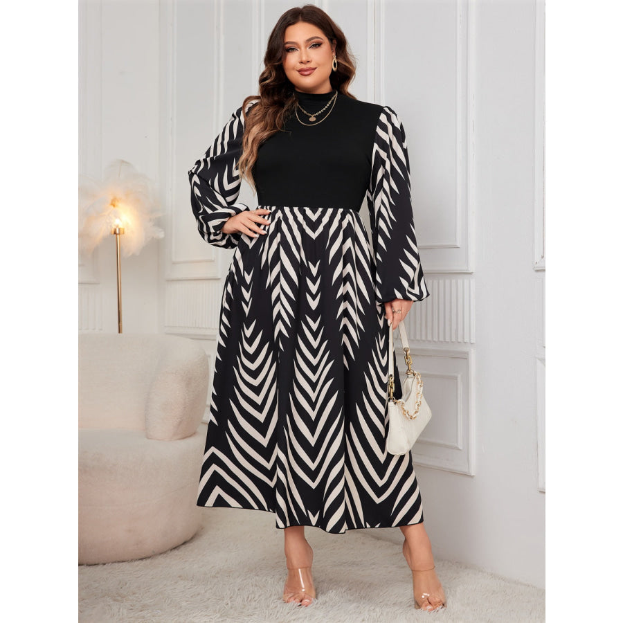 Plus Size Printed Mock Neck Long Sleeve Midi Dress Black / 1XL Apparel and Accessories