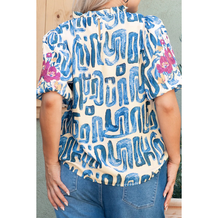 Plus Size Printed Mock Neck Short Sleeve Blouse Ivory / 1XL Apparel and Accessories