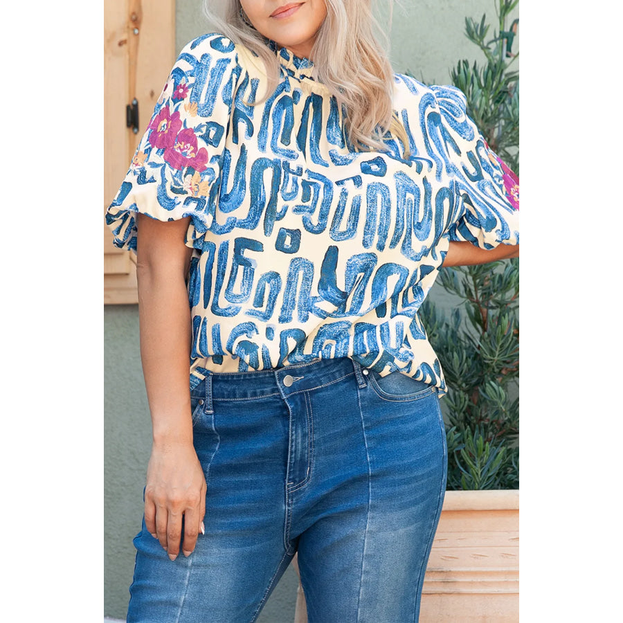 Plus Size Printed Mock Neck Short Sleeve Blouse Ivory / 1XL Apparel and Accessories