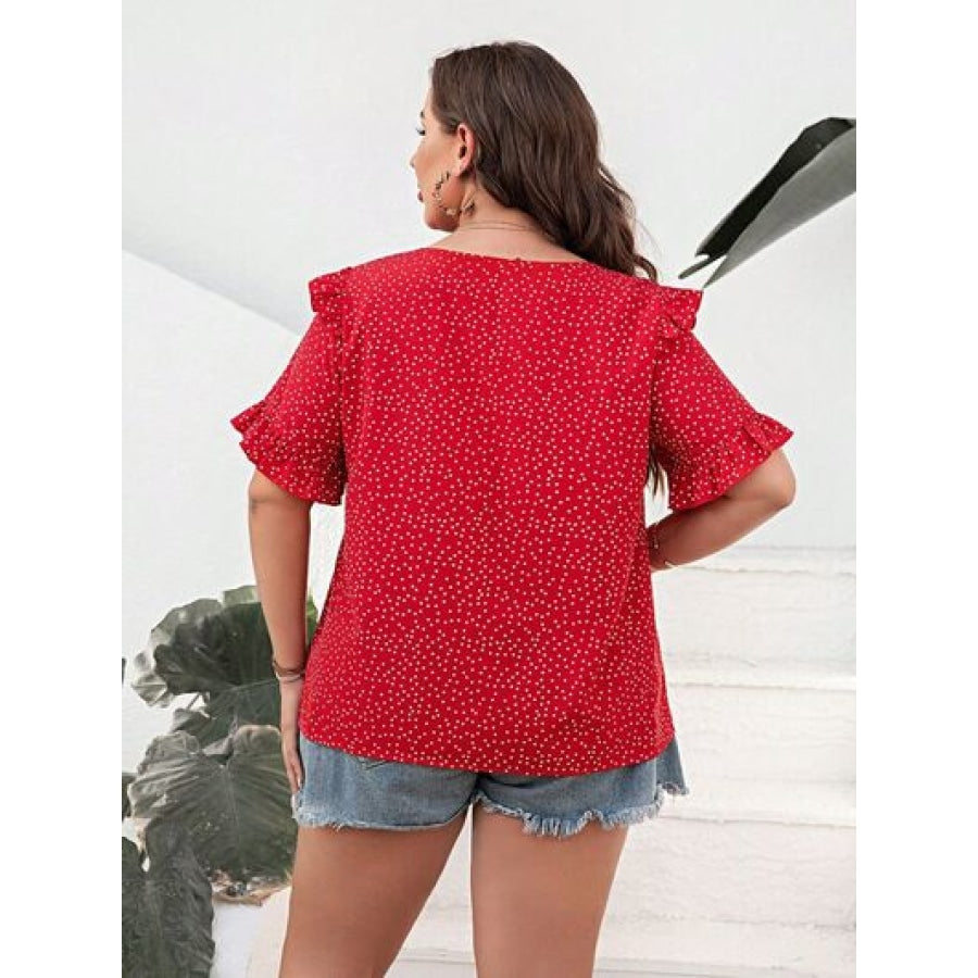 Plus Size Printed Notched Flounce Sleeve Blouse Apparel and Accessories