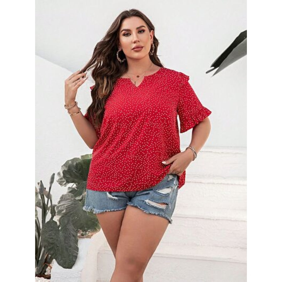 Plus Size Printed Notched Flounce Sleeve Blouse Deep Red / 1XL Apparel and Accessories