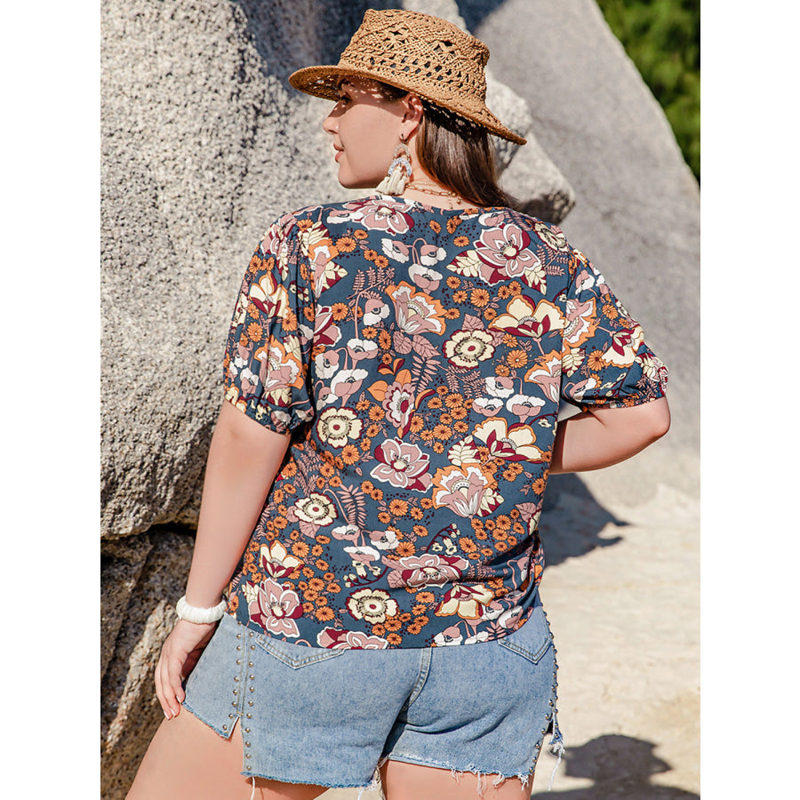 Plus Size Printed Notched Half Sleeve Blouse Apparel and Accessories