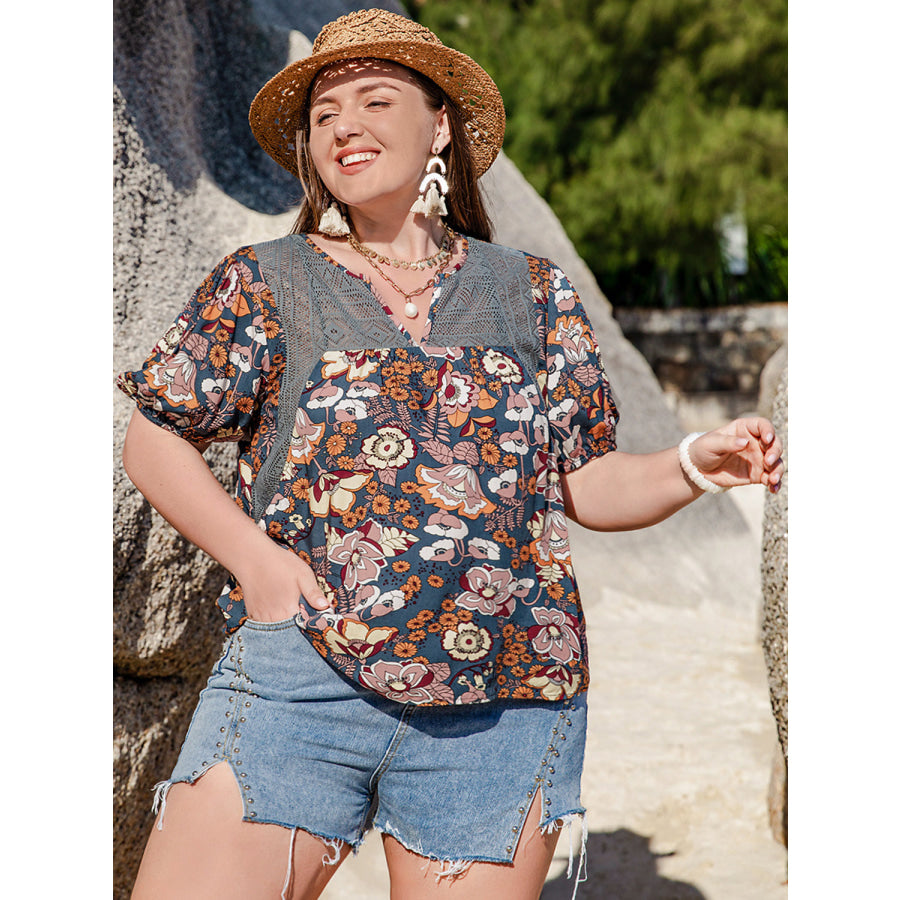 Plus Size Printed Notched Half Sleeve Blouse Apparel and Accessories