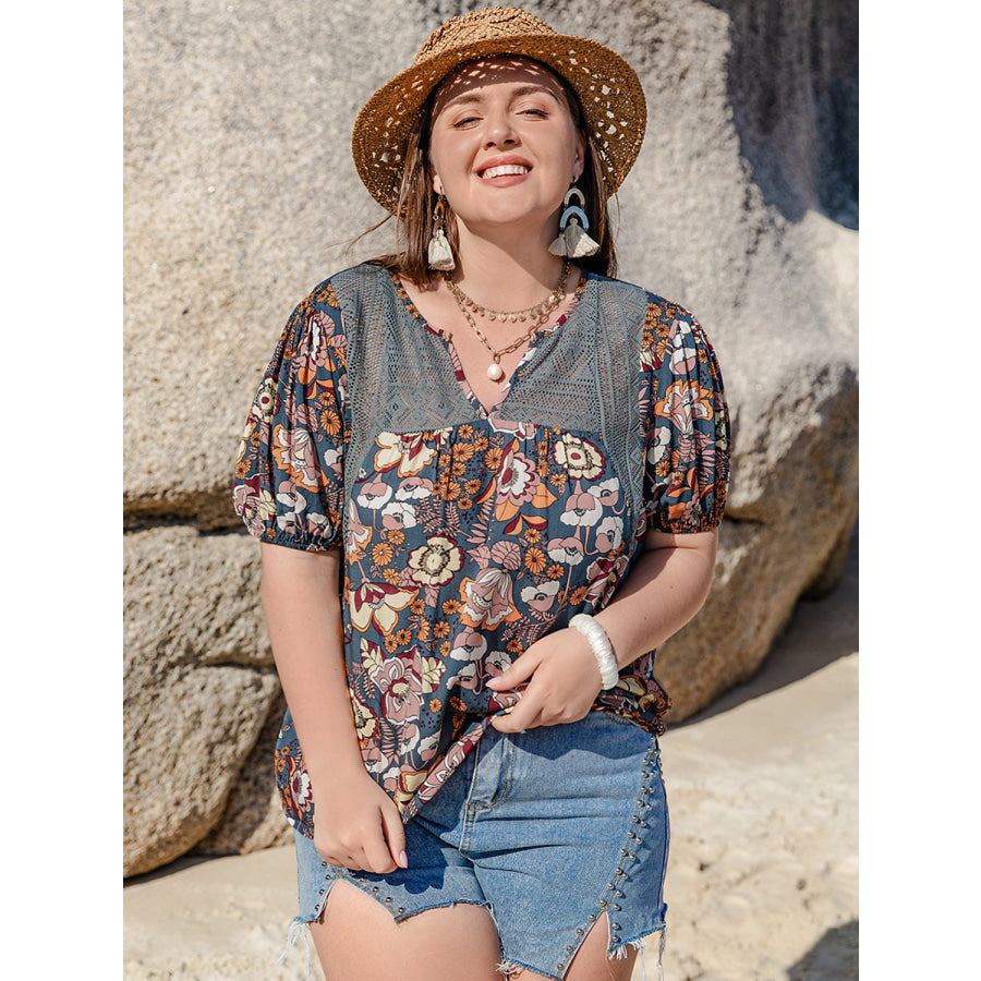 Plus Size Printed Notched Half Sleeve Blouse Apparel and Accessories