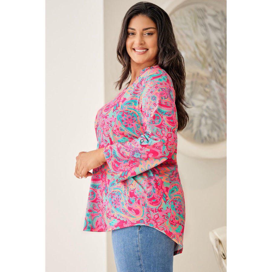 Plus Size Printed Notched Long Sleeve Blouse Hot Pink / 1XL Apparel and Accessories
