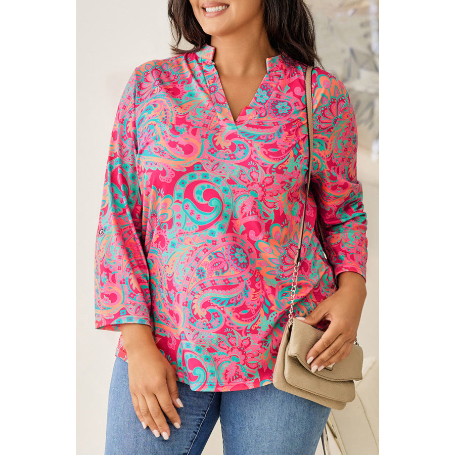 Plus Size Printed Notched Long Sleeve Blouse Hot Pink / 1XL Apparel and Accessories