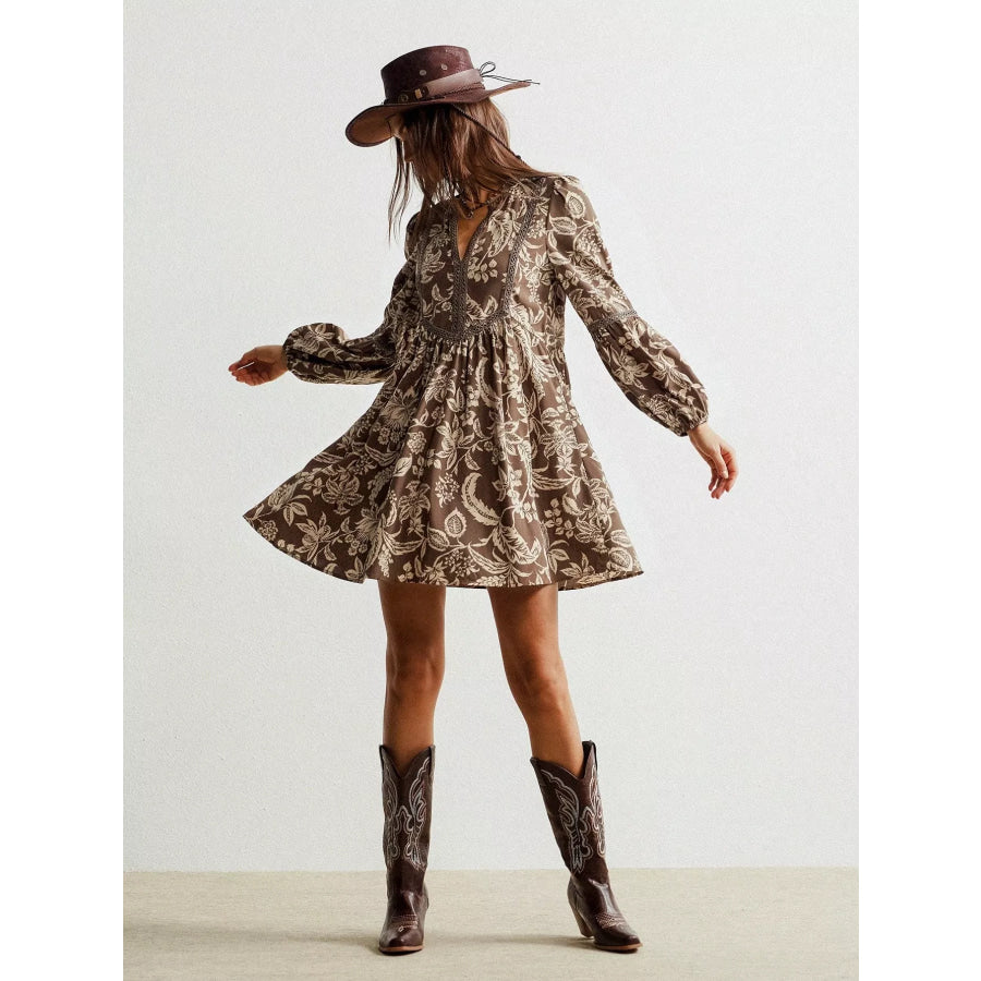 Plus Size Printed Notched Long Sleeve Dress Apparel and Accessories