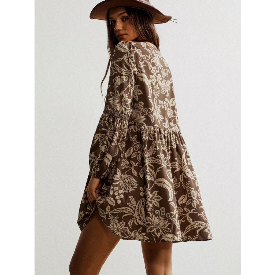 Plus Size Printed Notched Long Sleeve Dress Apparel and Accessories