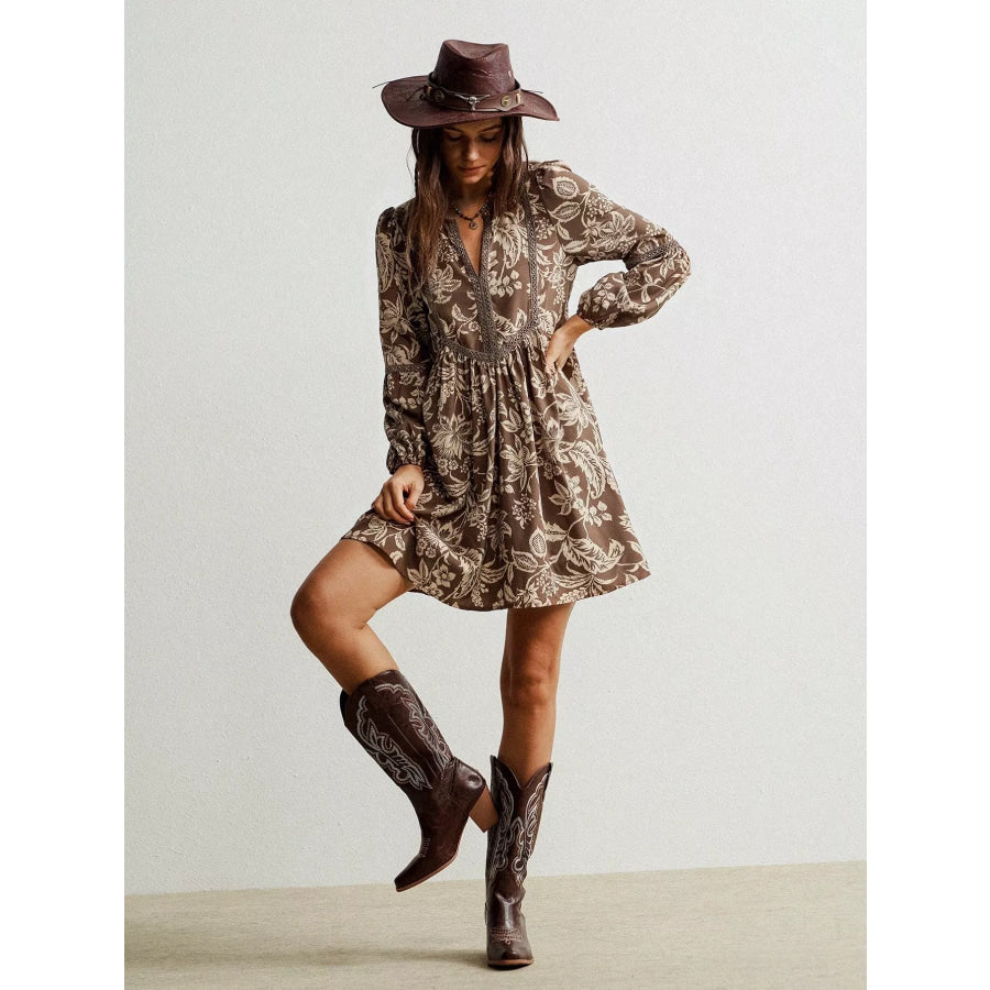 Plus Size Printed Notched Long Sleeve Dress Apparel and Accessories