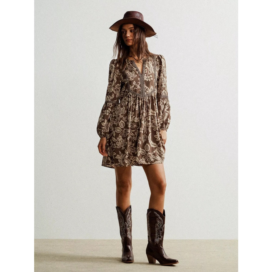 Plus Size Printed Notched Long Sleeve Dress Apparel and Accessories