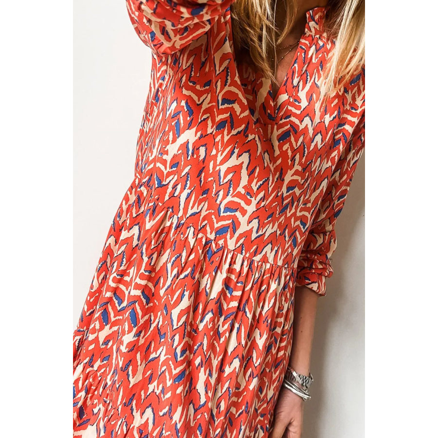 Plus Size Printed Notched Long Sleeve Dress Apparel and Accessories