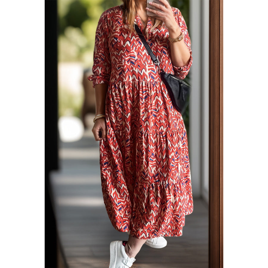 Plus Size Printed Notched Long Sleeve Dress Burnt Coral / 1XL Apparel and Accessories