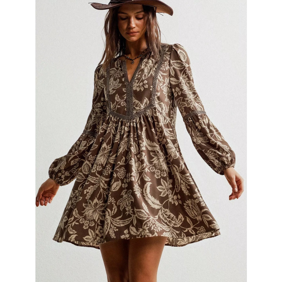 Plus Size Printed Notched Long Sleeve Dress Taupe / 0XL Apparel and Accessories