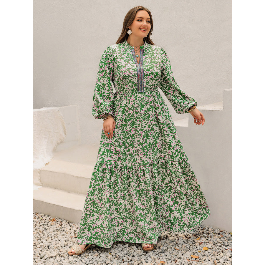 Plus Size Printed Notched Long Sleeve Maxi Dress Apparel and Accessories