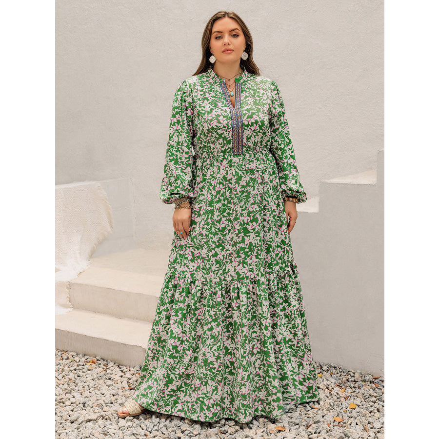 Plus Size Printed Notched Long Sleeve Maxi Dress Apparel and Accessories