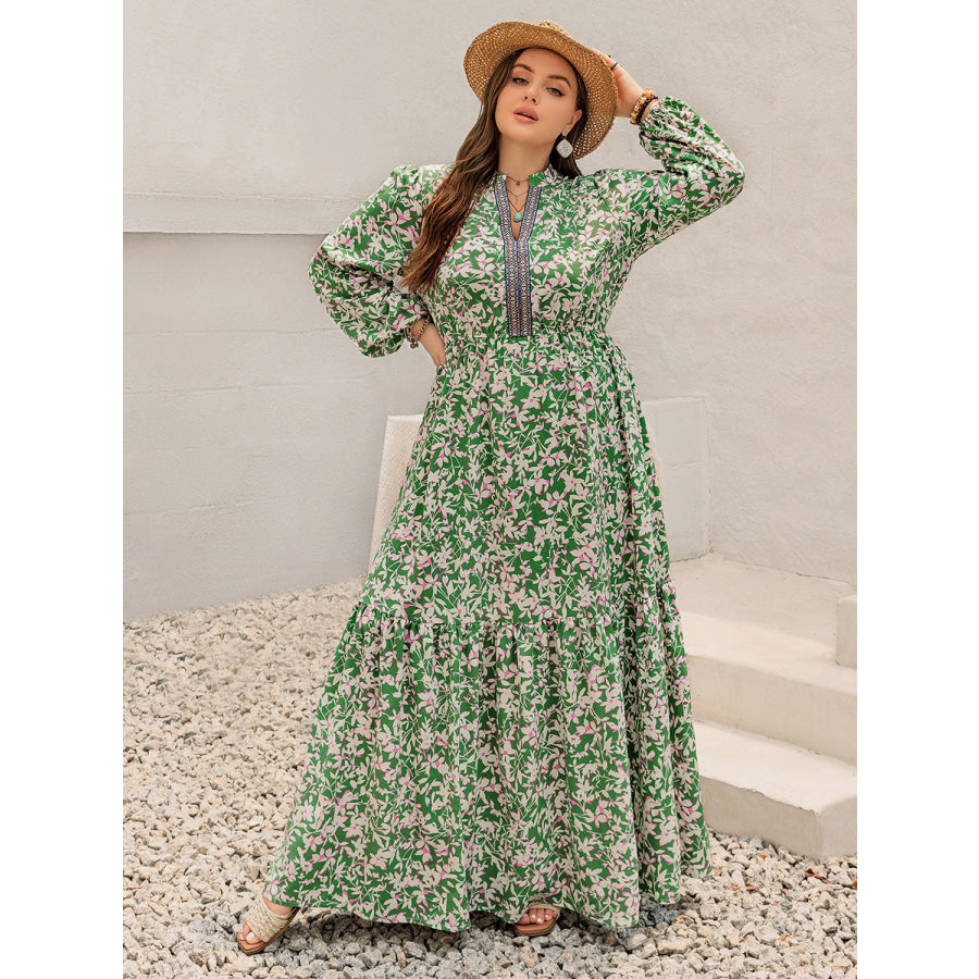 Plus Size Printed Notched Long Sleeve Maxi Dress Apparel and Accessories