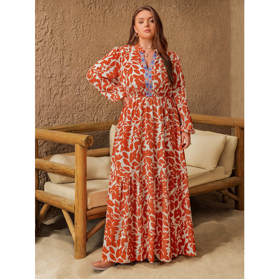 Plus Size Printed Notched Long Sleeve Maxi Dress Apparel and Accessories