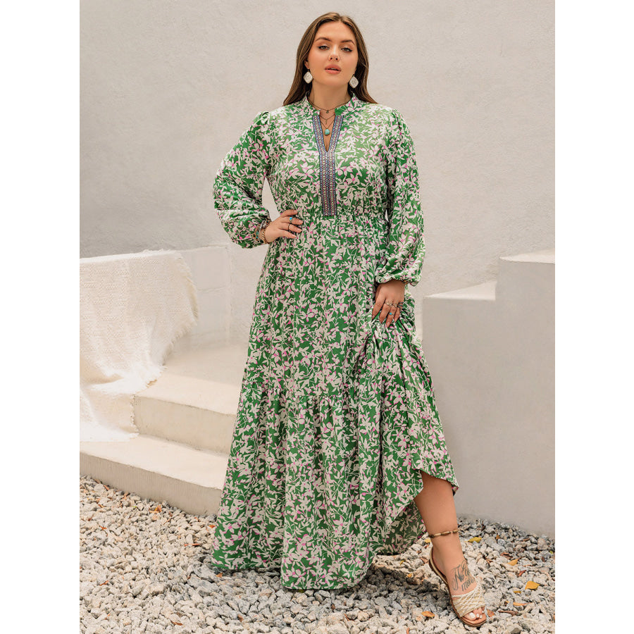 Plus Size Printed Notched Long Sleeve Maxi Dress Apparel and Accessories