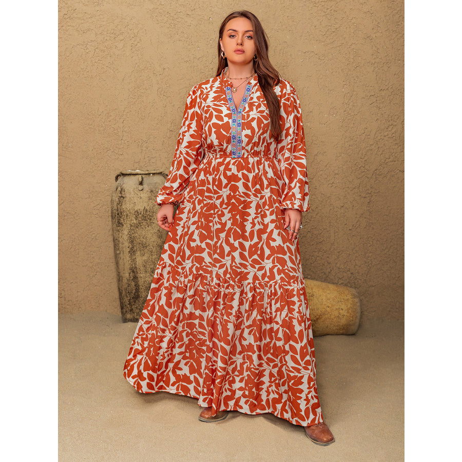 Plus Size Printed Notched Long Sleeve Maxi Dress Apparel and Accessories