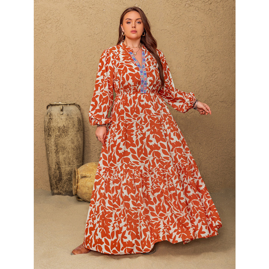 Plus Size Printed Notched Long Sleeve Maxi Dress Apparel and Accessories